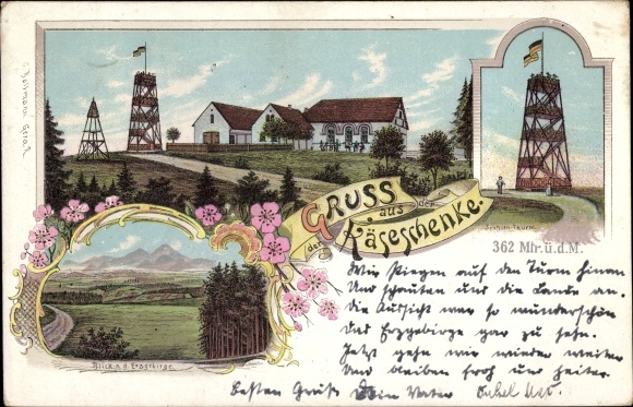 Chromo-Litho Kraftsdorf Thuringia, cheese tavern, observation tower, view of the Ore Mountains