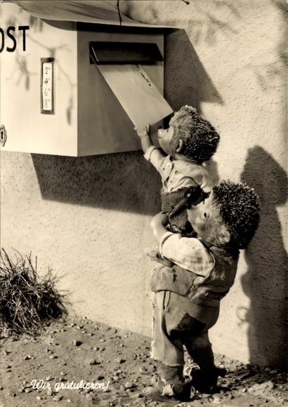Ak Mecki der Igel, Wir gratulieren, Mecki und Igelkind am Briefkasten