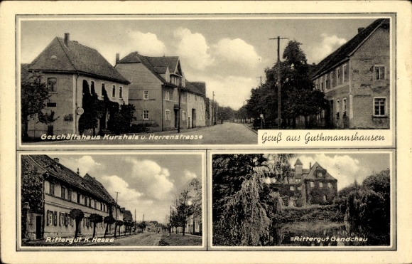 Postcard Gutmannshausen in Thuringia, Kurzhals shop and Herrenstraße, Hesse manor