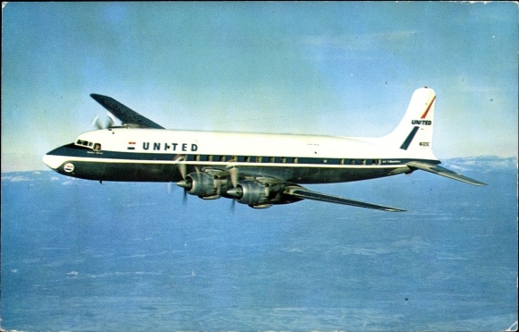 Postcard US American passenger plane, United Airlines, Douglas DC-7
