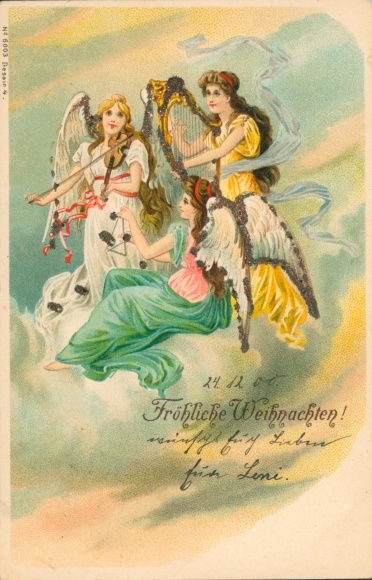 Glitter litho Gefeliciteerd Kerstmis, engelen met muziekinstrumenten, viool, triangel, harp
