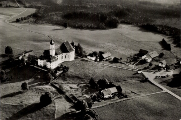 Postcard Wies Steingaden in Upper Bavaria, Wieskirche, pilgrimage church Wies, aerial photograph