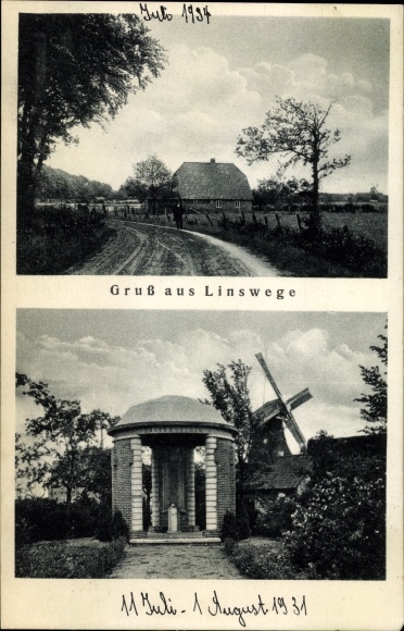 Postcard Linswege Westerstede in the district of Ammerland, road section, windmill, monument