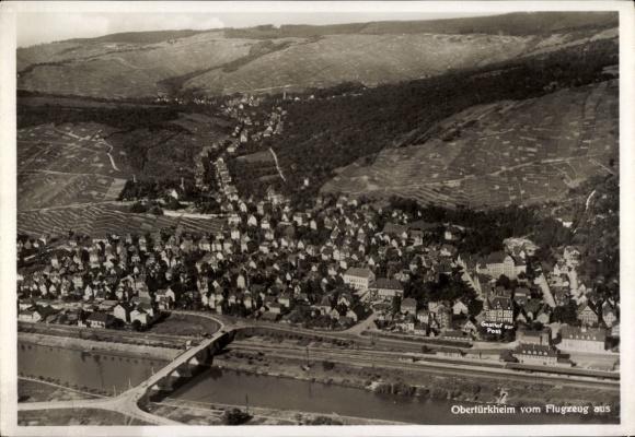 Postcard Obertürkheim Stuttgart in Württemberg, aerial view of river, buildings, landscape