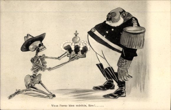 Artysta KP King Edward VII, karykatura wojny burskiej, szkielet prezentuje koronę