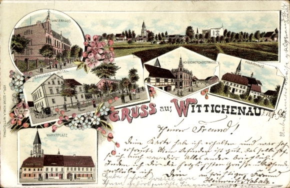 Chromo-Litho Wittichenau in Upper Lusatia, market square, orphanage, parsonage, Brauners Hotel