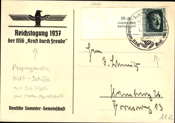 Postcard Ships of the KdF fleet leaving the port of Hamburg, Reichstag 1937