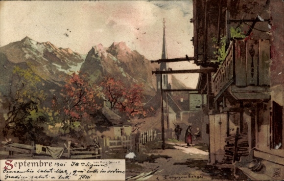 Kunstenaar litho Allegorie, september, huizen, kerk, bergen