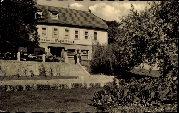 Postcard Bad Frankenhausen on Kyffhäuser Thuringia, restaurant Barbarossagarten