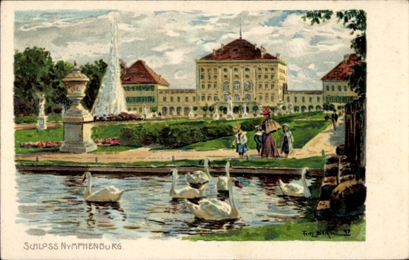 Kunstenaar litho München Beieren, Paleis Nymphenburg, zwanen, Zieher 918