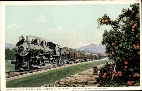 Postcard San Gabriel California USA, Santa Fe de Luxe, Through the Orange Groves