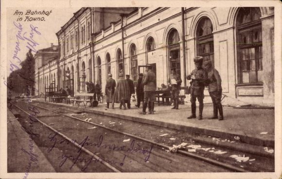 PC Kaunas Kovno Kauen Lithuania, at the train station, soldiers, WWI