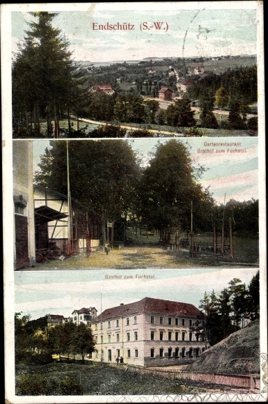 Ansichtkaart Endschütz in Thüringen, Gasthof zum Fuchstal, uitzicht op de stad