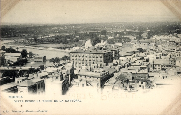 Postcard Murcia city Spain, view of Murcia from the cathedral, river, buildings, landscape