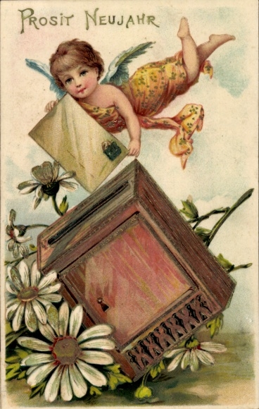Embossed PC Happy New Year, angel, letter