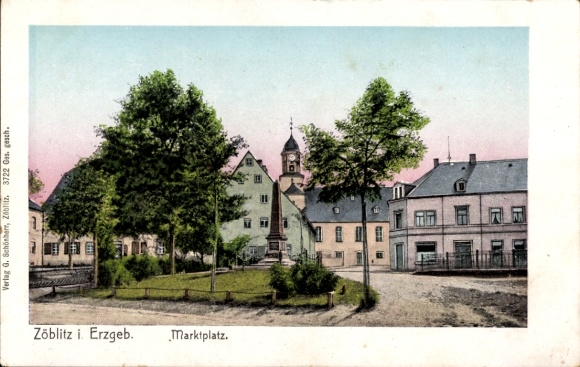 Illuminated window Postcard Zöblitz Marienberg in the Ore Mountains, market square with church tower
