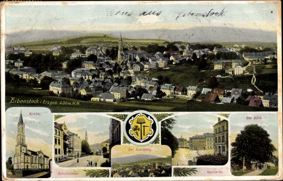 Ak Eibenstock im Erzgebirge Sachsen, Gesamtansicht, Kirche, Schulstraße, Neumarkt, Bühl, Auersberg