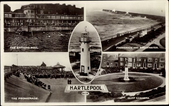 Postcard Hartlepool Durham England, swimming pool, promenade, Cliff Gardens, lighthouse