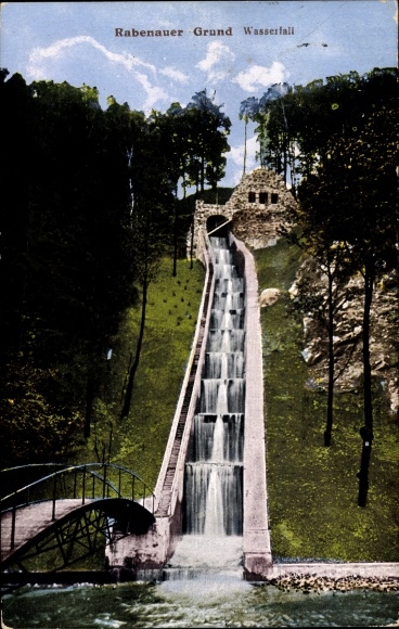 Postcard Rabenau in the Ore Mountains, Rabenauer Grund, waterfall, bridge