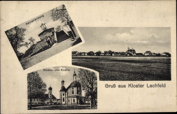 Postcard Klosterlechfeld in Swabia, Calvary, monastery, church