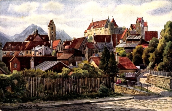 Artist Postcard Marschall, V., Füssen in the Swabian district of Ostallgäu, village with Aggenstein, Rossberg