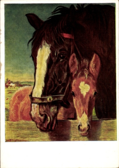 Artist Postcard Junghanns, Julius Paul, HDK No. 232, Mother and Son, Horse with Foal