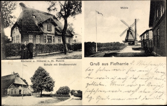 Postcard Fiefharrie Negenharrie in Schleswig Holstein, mill, bakery and Hökerei H. Rubink, school