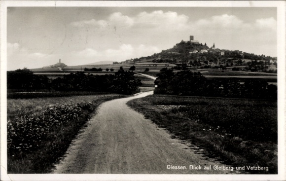 Postcard Gießen an der Lahn Hesse, view of Gleiberg and Vetzerberg, landscape, road, mountain