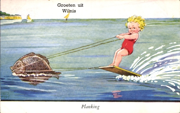 Artist Postcard Wills, John, child waterskiing, fish