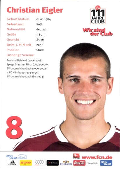 Autograph card footballer Christian Eigler, 1. FC Nuremberg, autograph