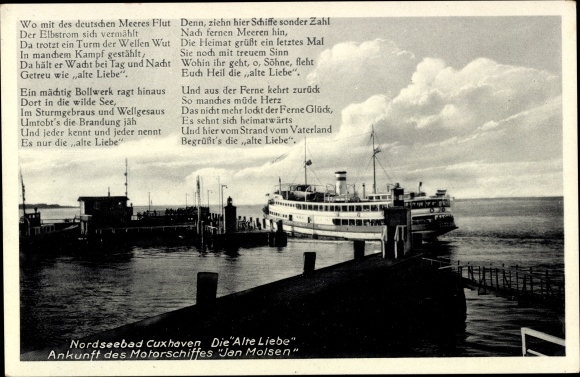 Ak Noordzee badplaats Cuxhaven, de oude liefde, komst van het motorschip Jan Molsen, gedicht