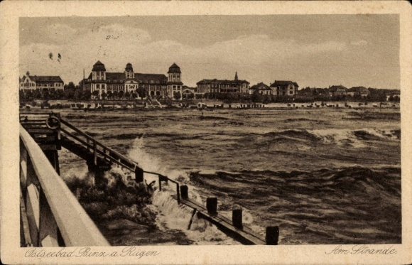 Postcard Seebad Binz on Rügen, Baltic Sea resort Binz, beach, hotels, Baltic Sea, waves