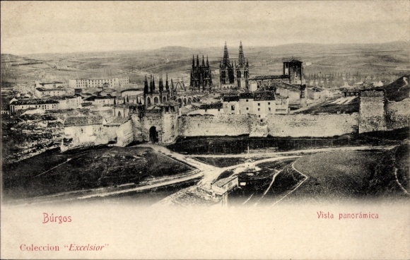 Ak Burgos Kastilien und León, Panoramablick auf  historische Gebäude, Stadtmauern