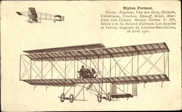 Postcard Biplan Farman, Motor Gnome, Flugpioniere, Pilot Paulhan, Van den Born, Dickson, Crochon