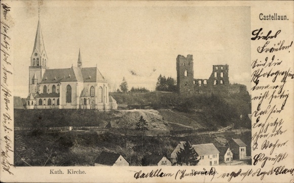 Postcard Kastellaun in the Hunsrück, Catholic Church, Castle Ruins