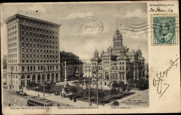KP Winnipeg Manitoba Kanada, Union Bank of Canada, ratusz, pomnik wolontariuszy