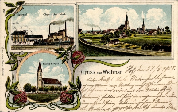 Litho Weitmar Bochum im Ruhrgebiet, Bahnhof, Chemische Fabrik, Ev. Kirche