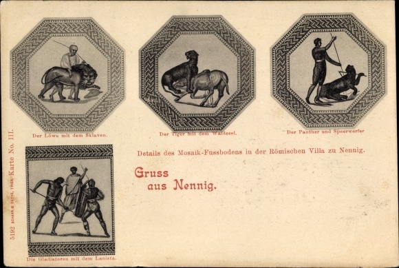 Postcard Nennig Perl on the Moselle, details of the mosaic floor in the Roman villa, lion