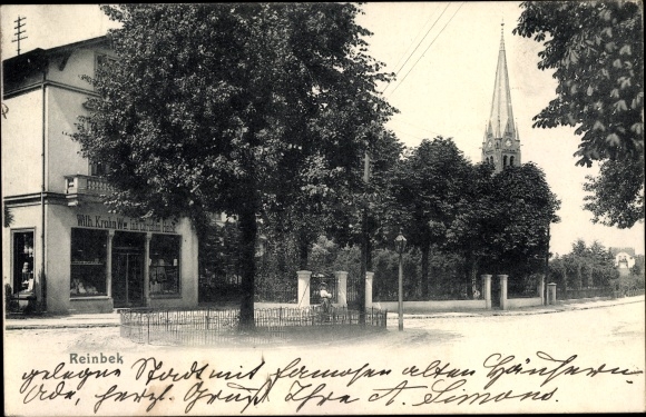 Postcard Reinbek in Schleswig Holstein, street section, business Wilh. Krohn Ww., steeple