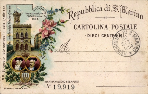 Prekursor lito San Marino, Palazzo del Consiglio Principe e Sovrano, inauguracja 1894