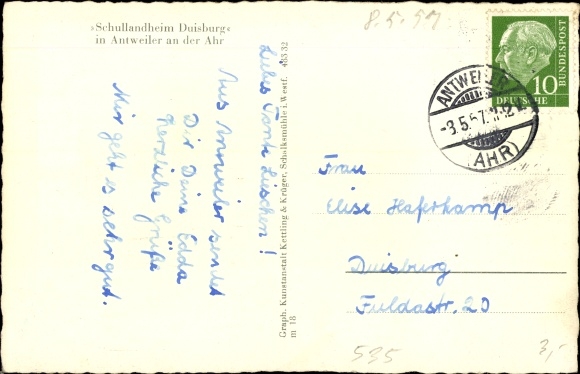 Postcard Antweiler an der Ahr, school camp in Duisburg, exterior view