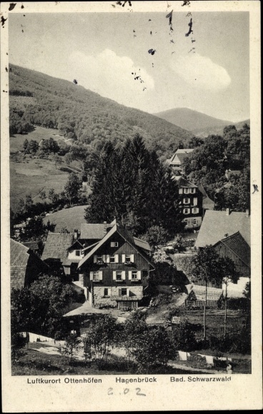 Ansichtkaart Ottenhöfen im Schwarzwald, Hagenbrück, pension, gedeeltelijk zicht op het dorp