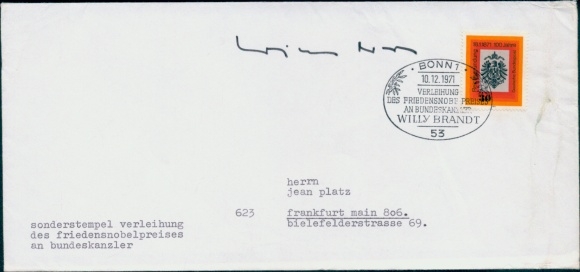 Ersttagsbrief Verleihung des Friedensnobelpreises an Bundeskanzler Willy Brandt, Autogramm