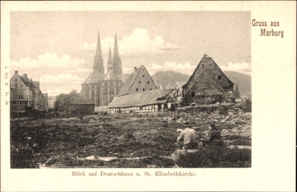 Postcard Marburg an der Lahn, view of Deutschhaus, St. Elisabeth Church, building