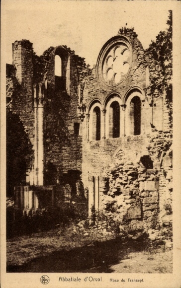 Postcard Orval Florenville Wallonia Luxembourg, ruins of the Abbey d' Rose Window, remains of walls