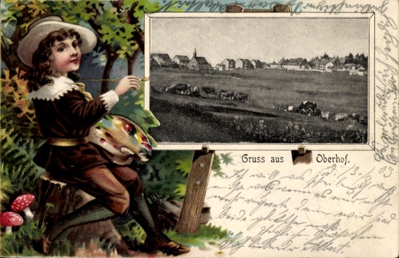 Präge Litho Remda Teichel in Thüringen, Stadtpanorama, Künstler am Malen