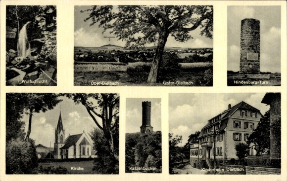 Postcard Unterdielbach Eberbach am Neckar Odenwald Baden, Hindenburg Tower, Children's Home, Church