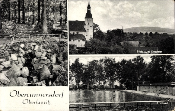 Ak Obercunnersdorf Kottmar in der Oberlausitz, Spreequelle, Kirche, Freibad