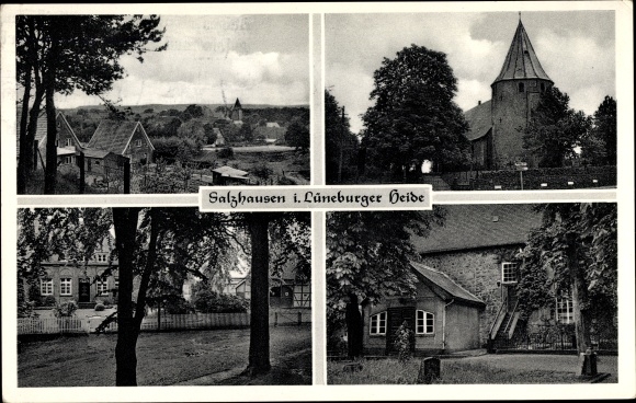Ak Salzhausen op de Lüneburger Heide, panorama, kerk