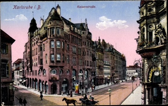 Postcard Karlsruhe in Baden Württemberg, Kaiserstrasse, vending machine cafe